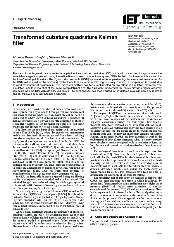 (PDF) Transformed cubature quadrature Kalman filter