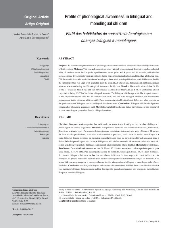 (PDF) Profile of phonological awareness in bilingual and monolingual ...