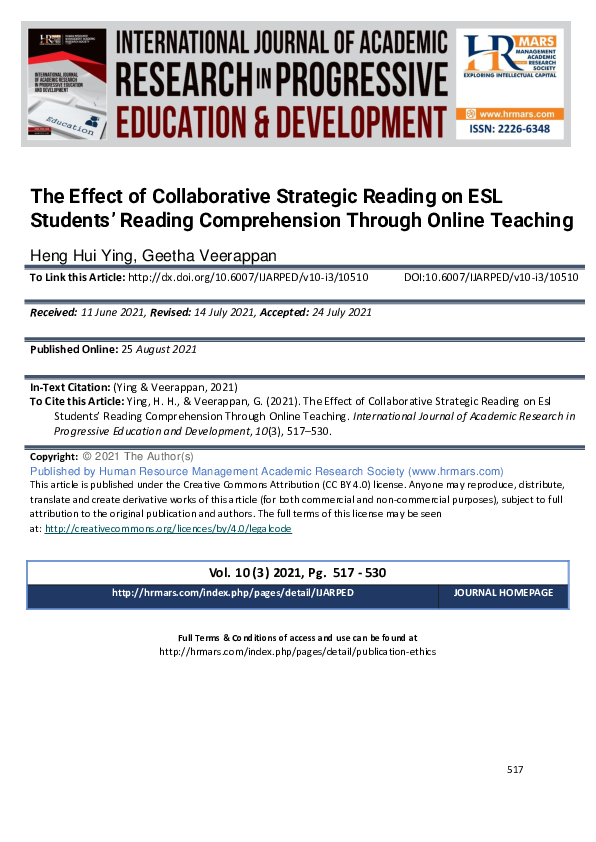 (PDF) The Effect of Collaborative Strategic Reading on ESL Students ...