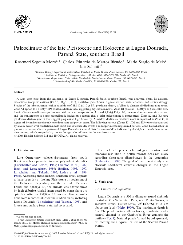 (PDF) Paleoclimate of the late Pleistocene and Holocene at Lagoa ...