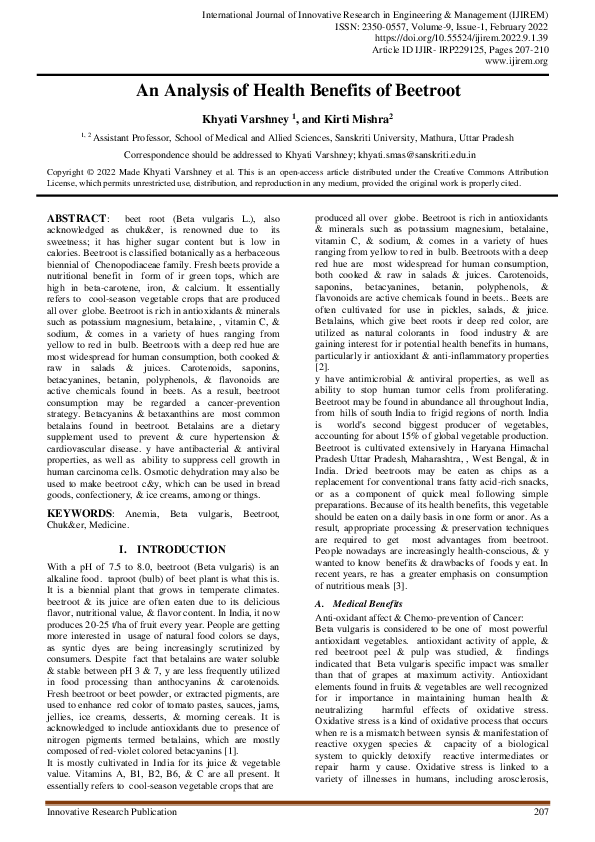 (PDF) An Analysis of Health Benefits of Beetroot