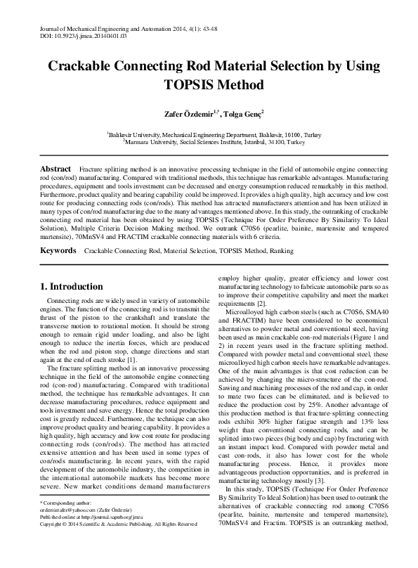 (PDF) Crackable Connecting Rod Material Selection by Using TOPSIS Method