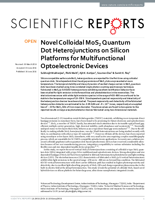 (PDF) Novel Colloidal MoS2 Quantum Dot Heterojunctions on Silicon ...