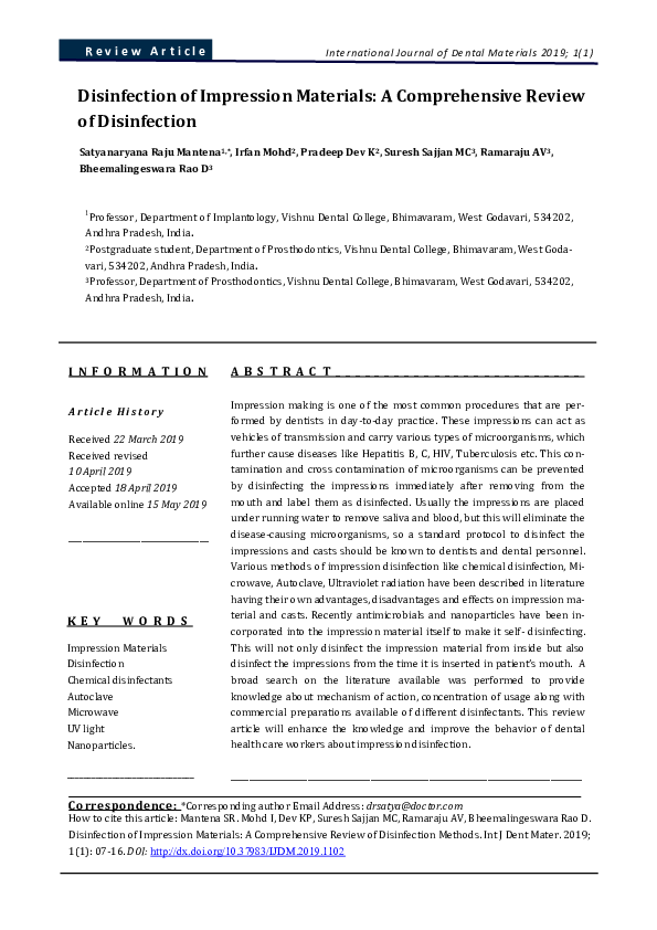 (PDF) Disinfection of Impression Materials A Comprehensive Review of
