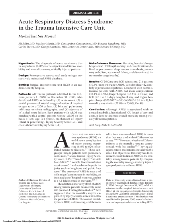 (PDF) Acute Respiratory Distress Syndrome in the Trauma Intensive Care Unit