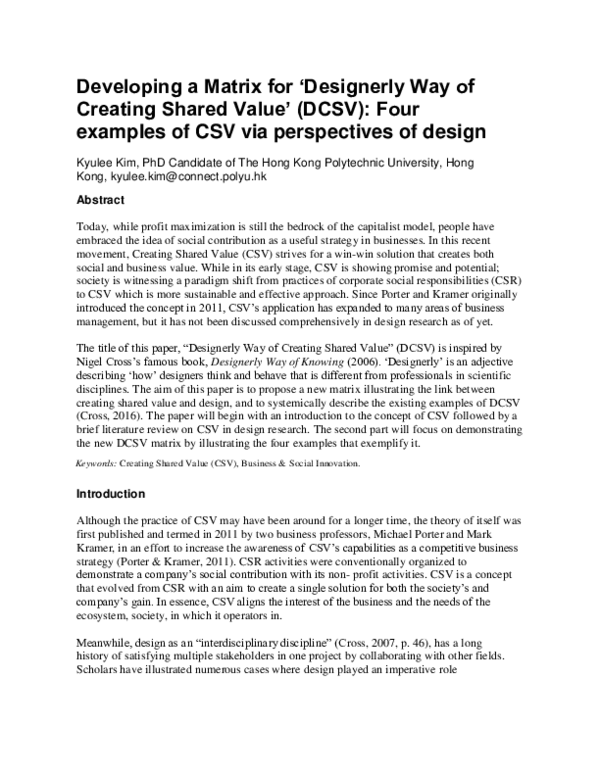 (PDF) Developing a Matrix for 'Designerly Way of Creating Shared Value ...