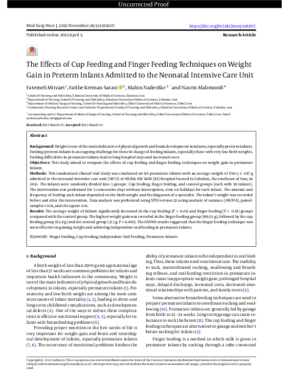 (PDF) The Effects of Cup Feeding and Finger Feeding Techniques on ...
