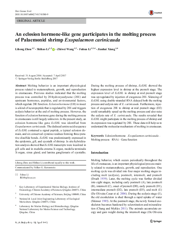 (PDF) An eclosion hormone-like gene participates in the molting process ...