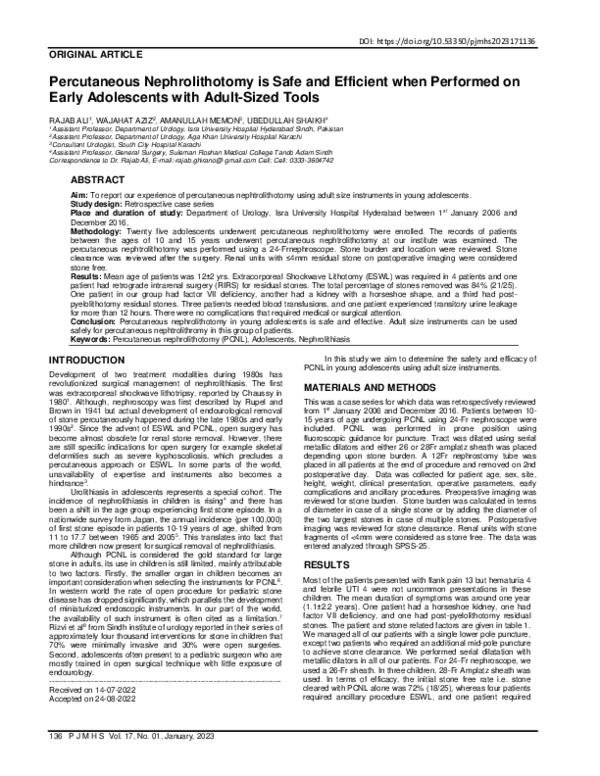 (PDF) Percutaneous Nephrolithotomy is Safe and Efficient when Performed ...