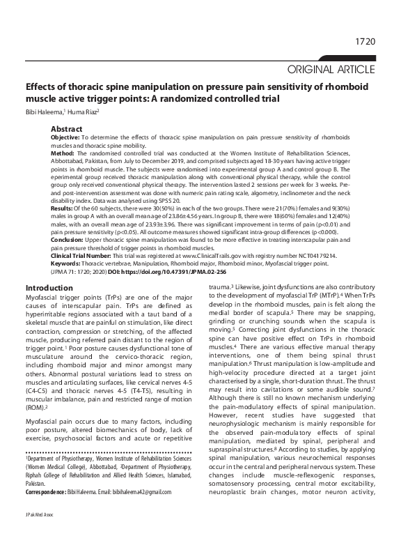 (PDF) Effects of thoracic spine manipulation on pressure pain ...
