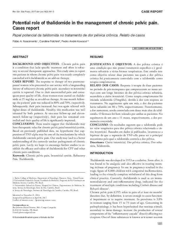 (PDF) Potential role of thalidomide in the management of chronic pelvic ...