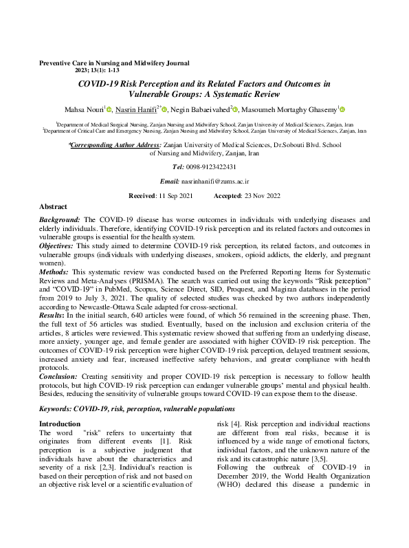 (PDF) COVID-19 Risk Perception and its Related Factors and Outcomes in ...