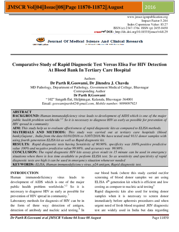 (PDF) Comparative Study of Rapid Diagnostic Test Versus Elisa For HIV ...