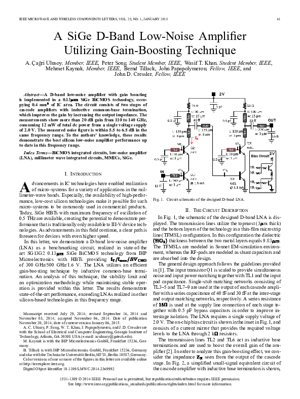 (PDF) A SiGe D-Band Low-Noise Amplifier Utilizing Gain-Boosting Technique