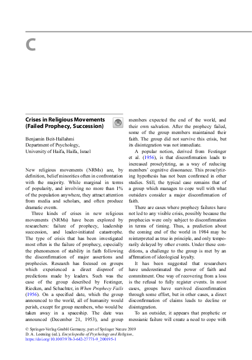 Crises in Religious Movements (Failed Prophecy, Succession)