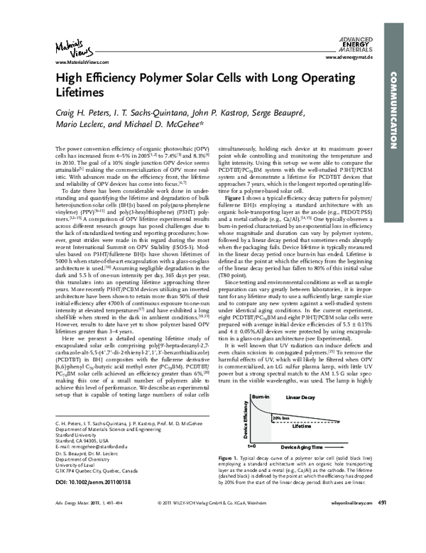 (PDF) High Efficiency Polymer Solar Cells with Long Operating Lifetimes