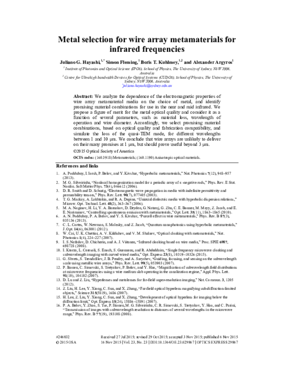 (PDF) Metal selection for wire array metamaterials for infrared frequencies