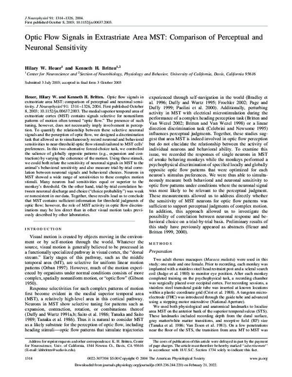 (PDF) Optic Flow Signals in Extrastriate Area MST: Comparison of ...