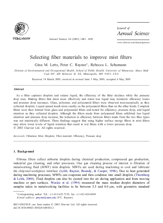 (PDF) Selecting fiber materials to improve mist filters