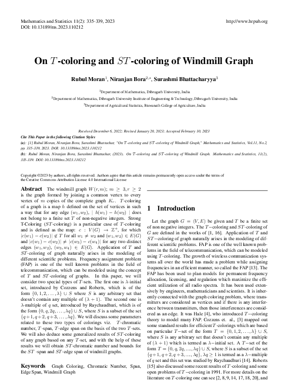 (PDF) On T -coloring and ST -coloring of Windmill Graph