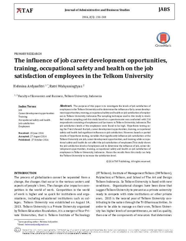 (PDF) The influence of job career development opportunities, training ...