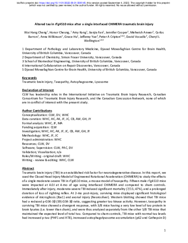 (PDF) Altered tau in rTg4510 mice after a single interfaced CHIMERA ...