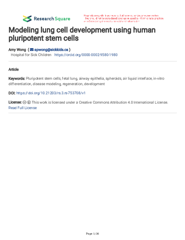 (PDF) Modeling lung cell development using human pluripotent stem cells