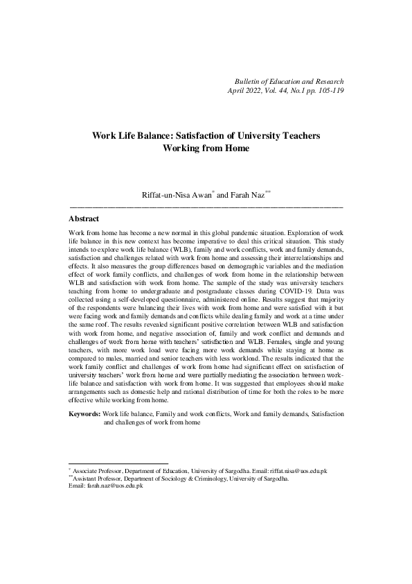(PDF) Work Life Balance: Satisfaction of University Teachers Working ...