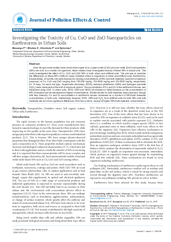 (PDF) Investigating the Toxicity of Cu, CuO and ZnO Nanoparticles on ...
