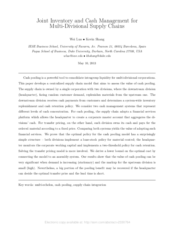 (PDF) Joint Inventory and Cash Management for Multi-Divisional Supply ...