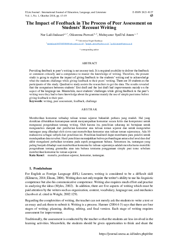 (PDF) The Impact of Feedback in The Process of Peer Assessment on ...