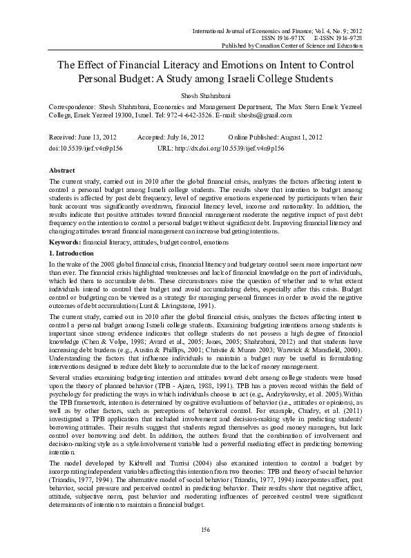(PDF) The Effect of Financial Literacy and Emotions on Intent to ...