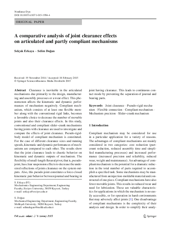 (PDF) A comparative analysis of joint clearance effects on articulated ...
