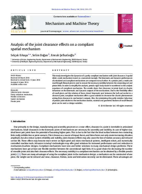 (PDF) Analysis of the joint clearance effects on a compliant spatial ...