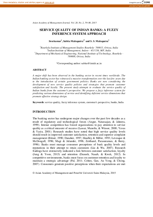 (PDF) Service Quality Of Indian Banks: A Fuzzy Inference System Approach