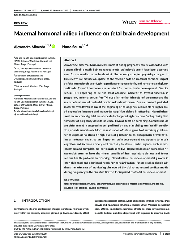 (PDF) Maternal hormonal milieu influence on fetal brain development