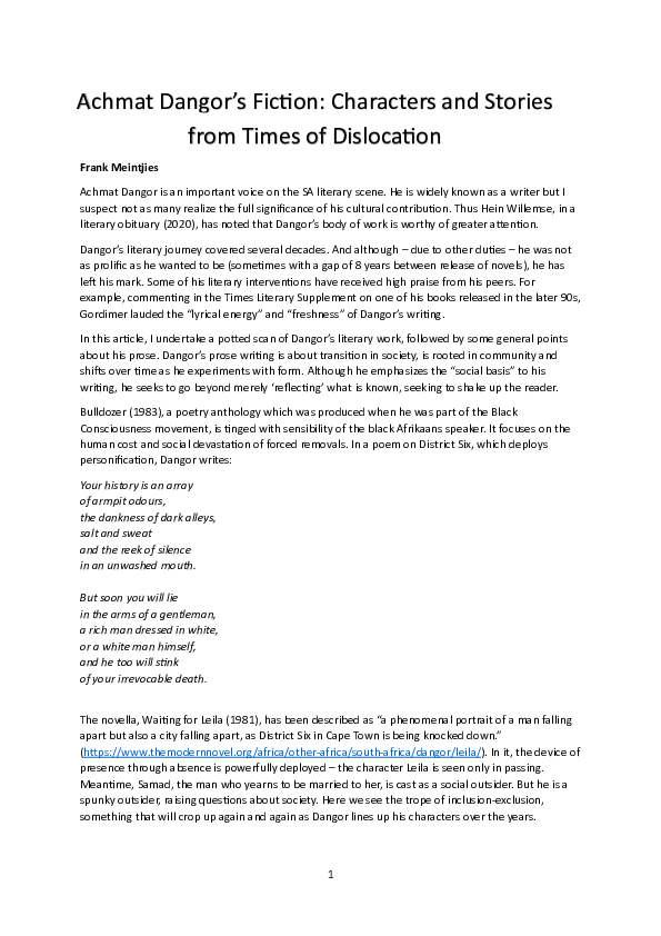 (PDF) Achmat Dangor’s Fiction: Characters and Stories from Times of ...
