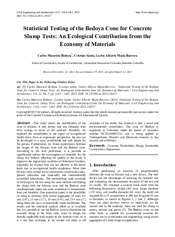 (PDF) Statistical Testing of the Bedoya Cone for Concrete Slump Tests ...