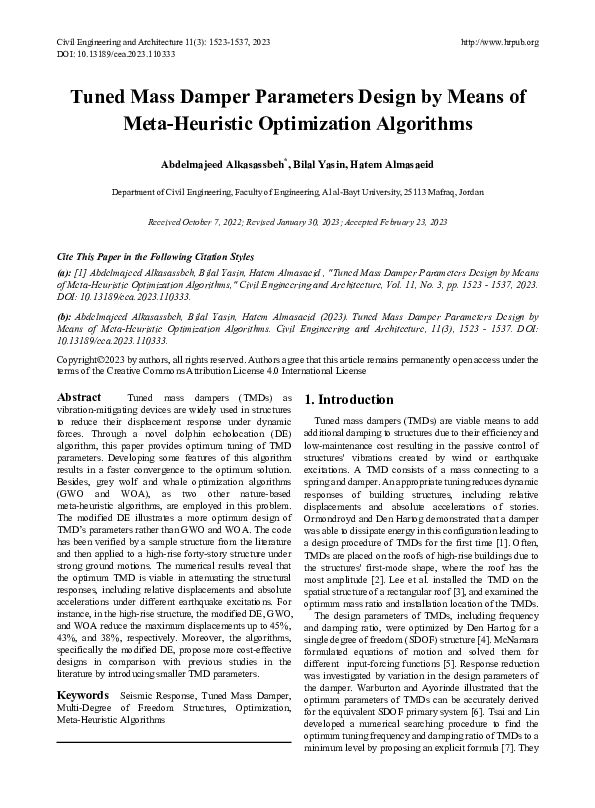 (PDF) Tuned Mass Damper Parameters Design by Means of Meta-Heuristic ...