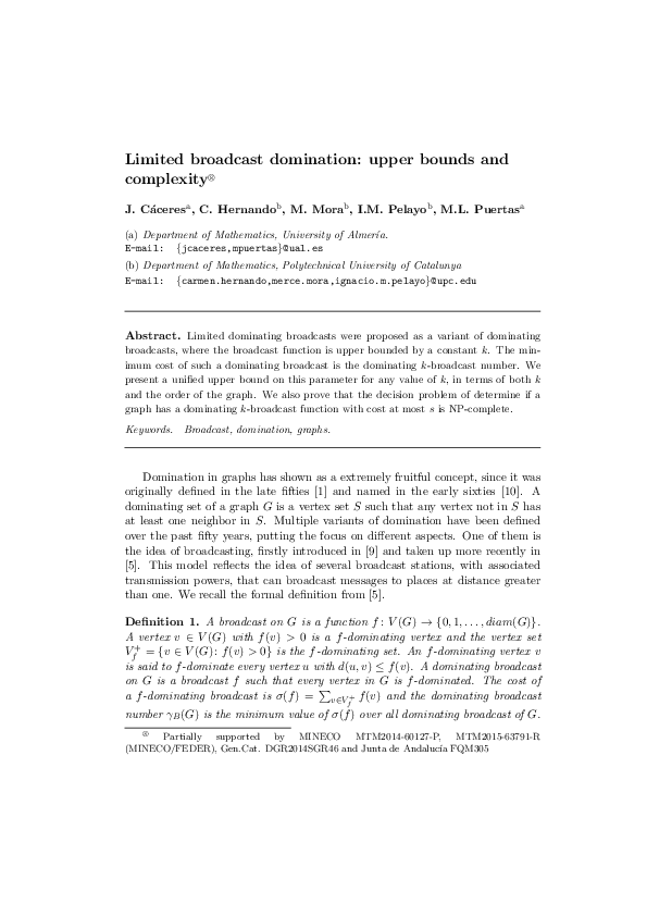 (PDF) Limited broadcast domination: upper bounds and complexity