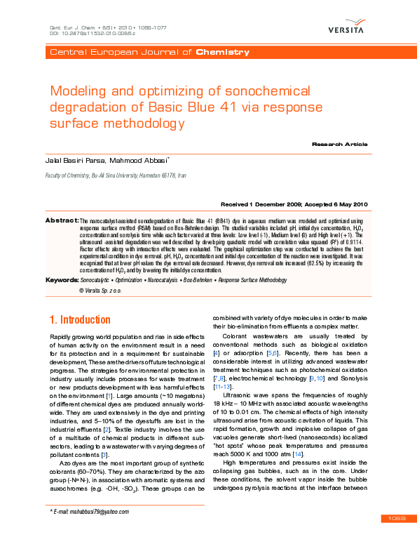 (PDF) Modeling and optimizing of sonochemical degradation of Basic Blue ...