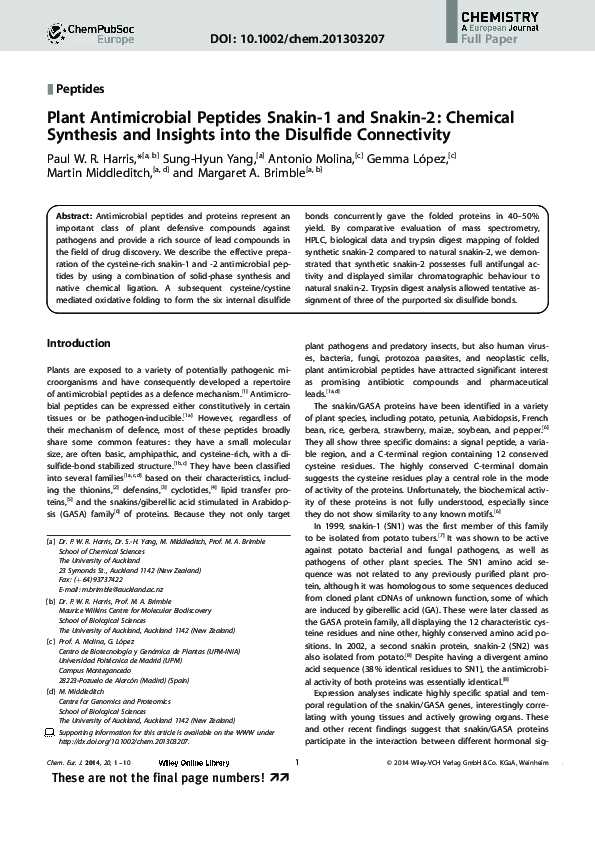 (PDF) Plant Antimicrobial Peptides Snakin-1 and Snakin-2: Chemical ...