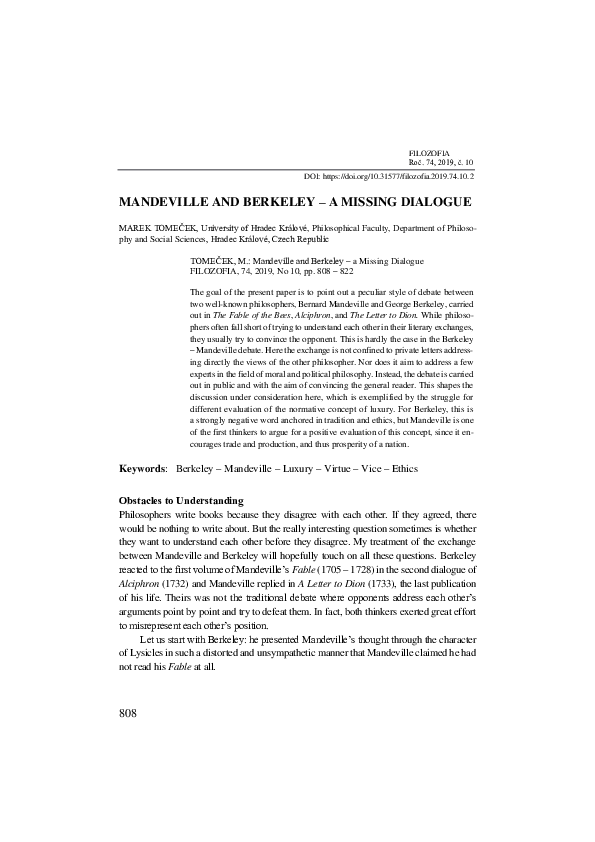(PDF) Mandeville and Berkeley – a Missing Dialogue