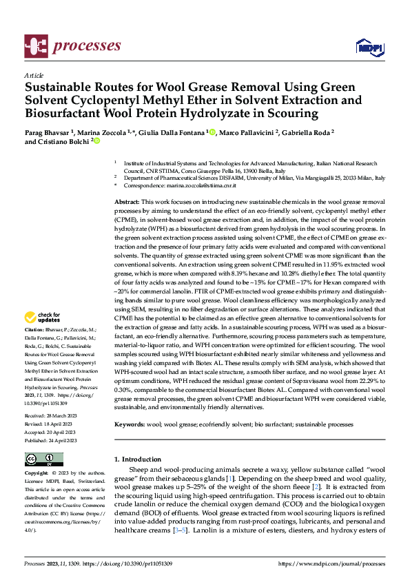 (PDF) Sustainable Routes for Wool Grease Removal Using Green Solvent ...