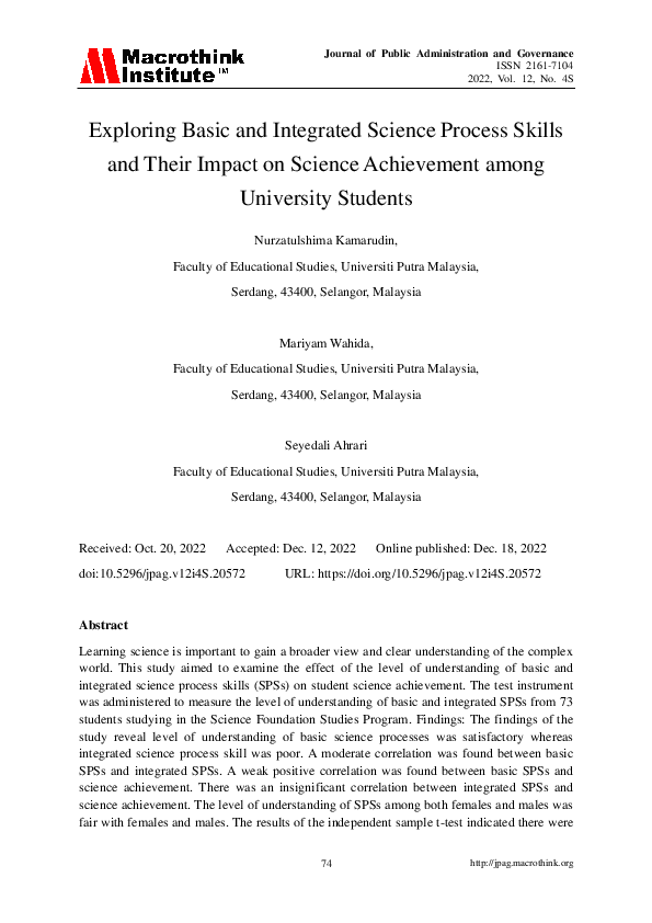 (PDF) Exploring Basic and Integrated Science Process Skills and Their ...