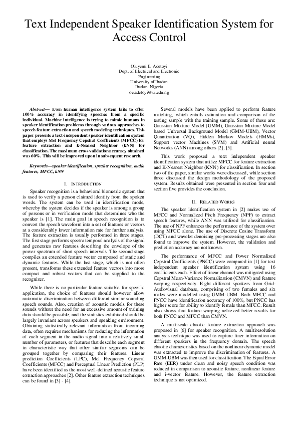 (PDF) Text Independent Speaker Identification System for Access Control