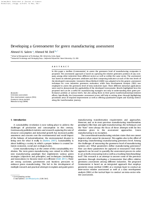 (PDF) Developing a Greenometer for green manufacturing assessment