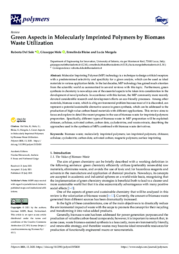 (PDF) Green Aspects in Molecularly Imprinted Polymers by Biomass Waste ...