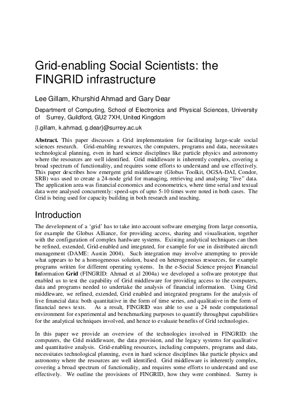(PDF) Grid-enabling Social Scientists: the FINGRID infrastructure