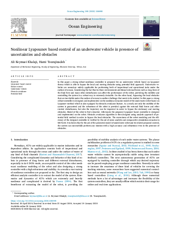 (PDF) Nonlinear Lyapounov based control of an underwater vehicle in ...